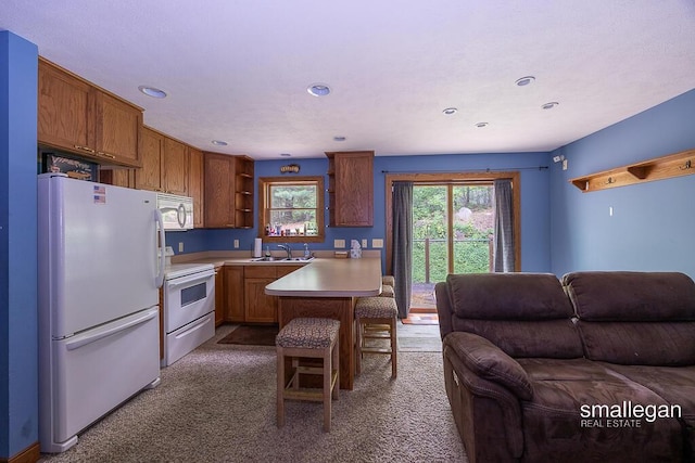 550 Greentree Ln NE, Ada, MI 49301 - kitchen with white appliances, open floor plan, open shelves, a peninsula, and light countertops