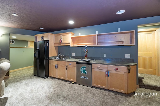 550 Greentree Ln NE, Ada, MI 49301 - kitchen featuring black refrigerator with ice dispenser, light carpet, open shelves, recessed lighting, and dark countertops