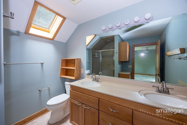 550 Greentree Ln NE, Ada, MI 49301 - bathroom featuring a skylight, double vanity, a shower stall, and vaulted ceiling