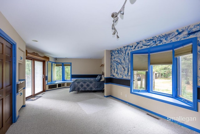 550 Greentree Ln NE, Ada, MI 49301 - bedroom with access to exterior, carpet, wallpapered walls, and track lighting