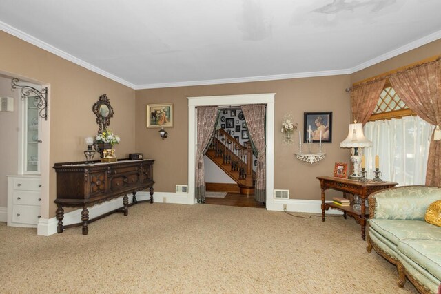 3155 24th Ave, Hudsonville, MI 49426 - sitting room with carpet flooring, crown molding, and stairway