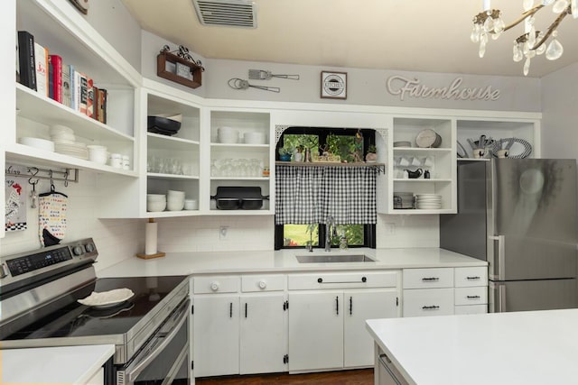 3155 24th Ave, Hudsonville, MI 49426 - kitchen with appliances with stainless steel finishes, open shelves, decorative backsplash, and white cabinetry