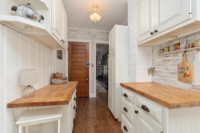 3155 24th Ave, Hudsonville, MI 49426 - kitchen with butcher block counters, dark wood-type flooring, white cabinetry, open shelves, and wood ceiling