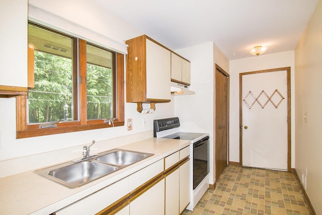 4104 Rurik Dr, Howell, MI 48843 - kitchen featuring range with electric stovetop, under cabinet range hood, light countertops, and white cabinetry