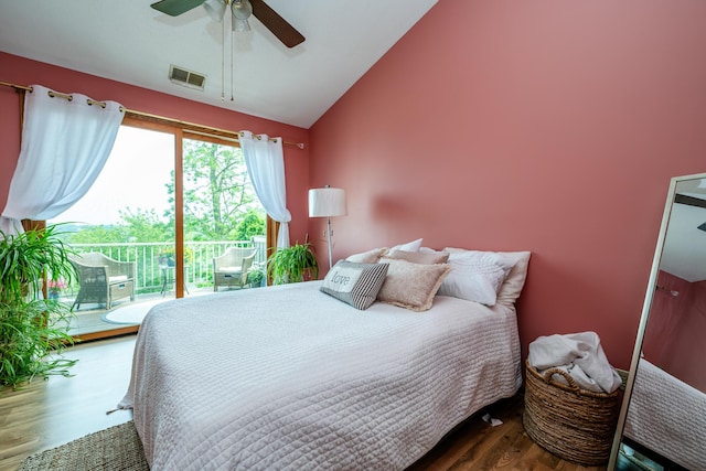 197 Wayne St, Saint Joseph, MI 49085 - bedroom featuring wood finished floors, lofted ceiling, access to outside, and ceiling fan