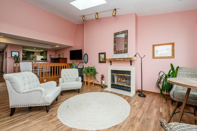 197 Wayne St, Saint Joseph, MI 49085 - living room featuring a skylight, a tile fireplace, and wood finished floors