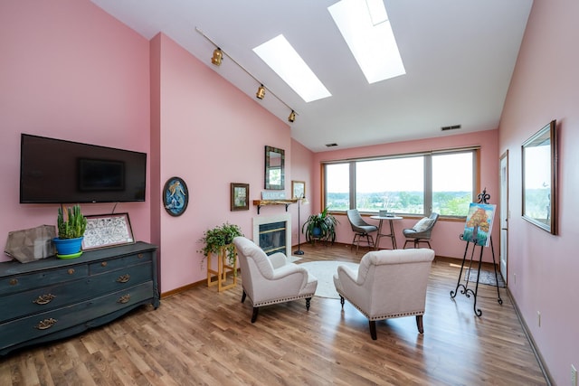 197 Wayne St, Saint Joseph, MI 49085 - living area featuring a skylight, high vaulted ceiling, wood finished floors, and a glass covered fireplace