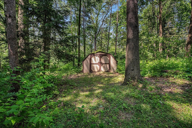 246 Ridgeway Rd, Jackson, MI 49202 - view of yard with a storage unit and a forest view