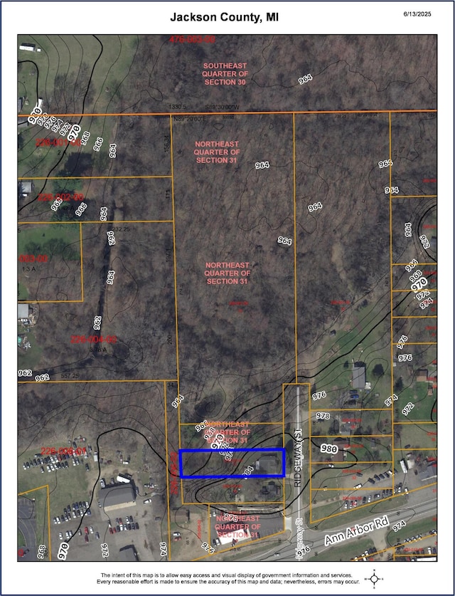 246 Ridgeway Rd, Jackson, MI 49202 - aerial view of property's location with property parcel outlined