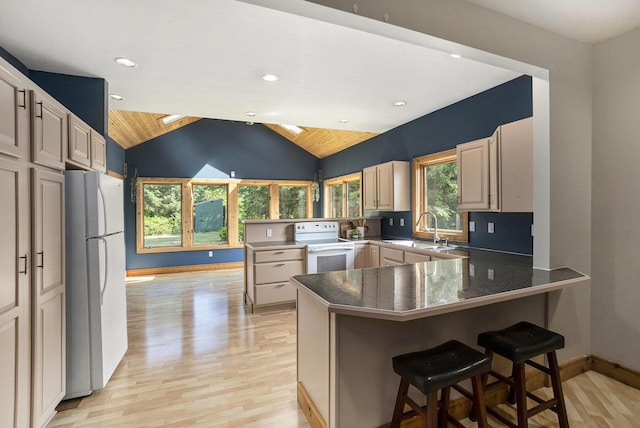 6483 N 144th Ave, Walkerville, MI 49459 - kitchen featuring white appliances, a peninsula, vaulted ceiling, light wood finished floors, and recessed lighting