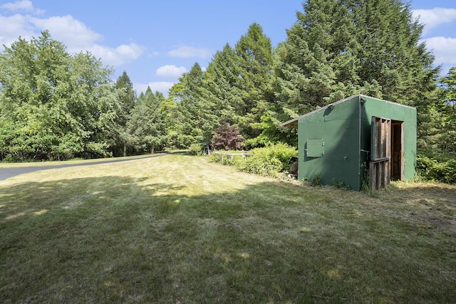 6483 N 144th Ave, Walkerville, MI 49459 - view of green lawn featuring a storage unit and a wooded view