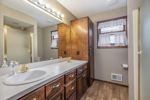 1863 Sunvale Dr SW, Wyoming, MI 49519 - bathroom with plenty of natural light, double vanity, wood finished floors, and an enclosed shower