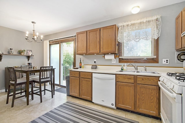 8683 Hemlock Ct, Ypsilanti, MI 48198 - kitchen featuring white appliances, light tile patterned floors, a chandelier, and light countertops