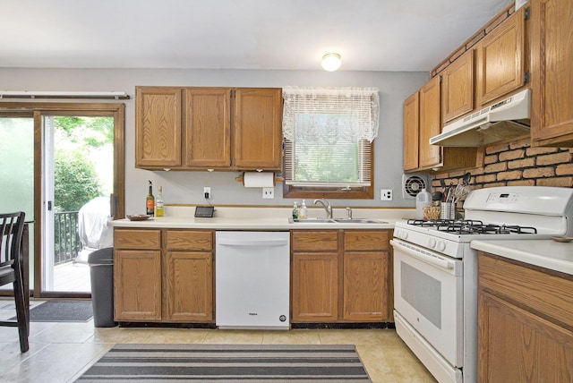 8683 Hemlock Ct, Ypsilanti, MI 48198 - kitchen with white appliances, under cabinet range hood, light countertops, and light tile patterned flooring