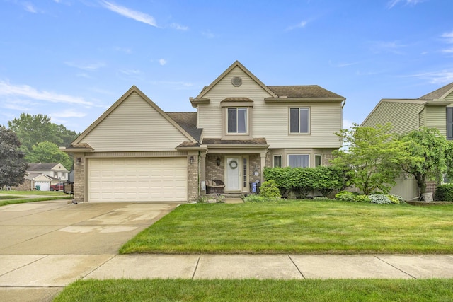 24663 Balsam Ct, Flat Rock, MI 48134 - traditional-style house featuring driveway, a garage, brick siding, a front yard, and roof with shingles