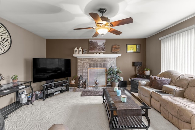 24663 Balsam Ct, Flat Rock, MI 48134 - living room with a ceiling fan, carpet floors, and a fireplace