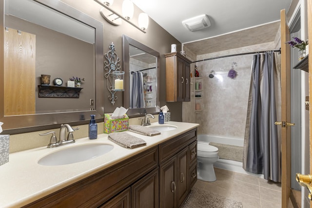 24663 Balsam Ct, Flat Rock, MI 48134 - full bath with double vanity, tile patterned floors, and shower / bath combo with shower curtain