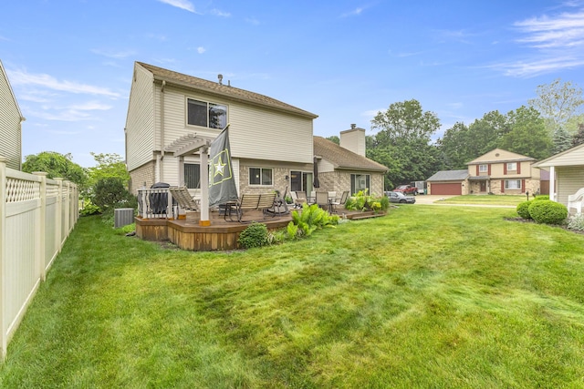 24663 Balsam Ct, Flat Rock, MI 48134 - back of house with a wooden deck, a chimney, a pergola, and brick siding