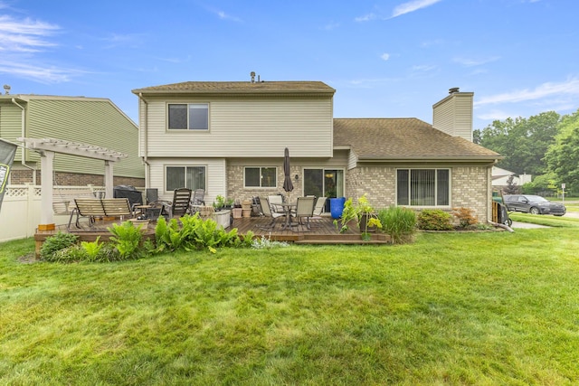 24663 Balsam Ct, Flat Rock, MI 48134 - rear view of house featuring a pergola, a deck, a chimney, brick siding, and roof with shingles