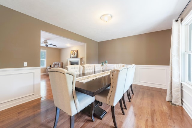 1481 Kristen Path, Saint Joseph, MI 49085 - dining space with a wainscoted wall, wood finished floors, a fireplace, and a decorative wall