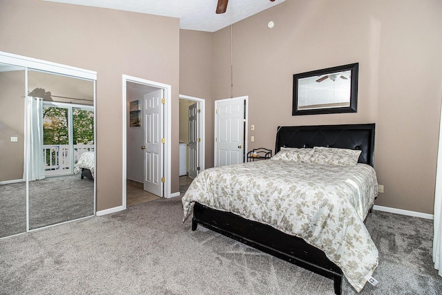 9510 Pere Marquette Dr, Canadian Lakes, MI 49346 - carpeted bedroom featuring access to outside, high vaulted ceiling, and ceiling fan