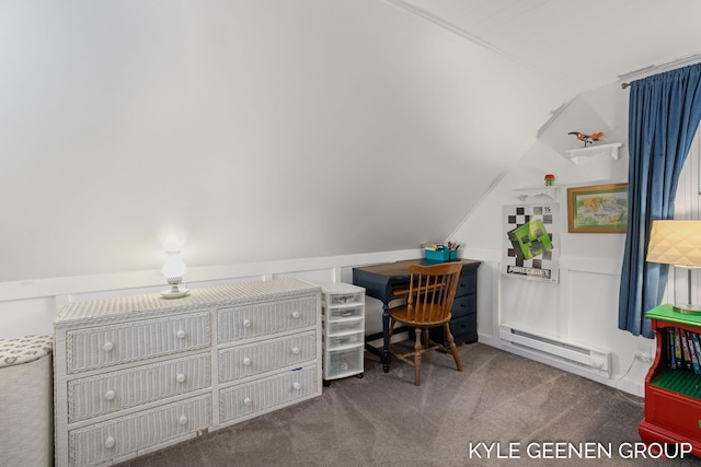 15405 Barry St, West Olive, MI 49460 - home office featuring a baseboard radiator, carpet, vaulted ceiling, and a decorative wall