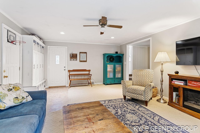 15405 Barry St, West Olive, MI 49460 - carpeted living room featuring crown molding, a ceiling fan, and recessed lighting