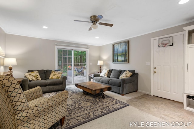 15405 Barry St, West Olive, MI 49460 - carpeted living area with ceiling fan, crown molding, and recessed lighting