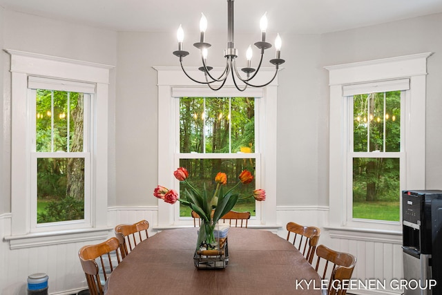 15405 Barry St, West Olive, MI 49460 - dining space with a wainscoted wall and a chandelier