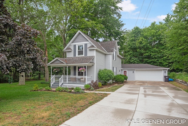 15405 Barry St, West Olive, MI 49460 - view of front of home with a porch, a shingled roof, a front lawn, an outdoor structure, and driveway