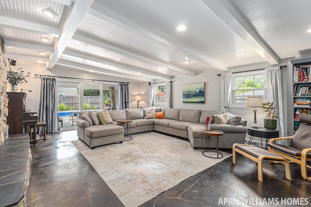 740 Van Raalte Ave, Holland, MI 49423 - living room with beamed ceiling, concrete flooring, and recessed lighting