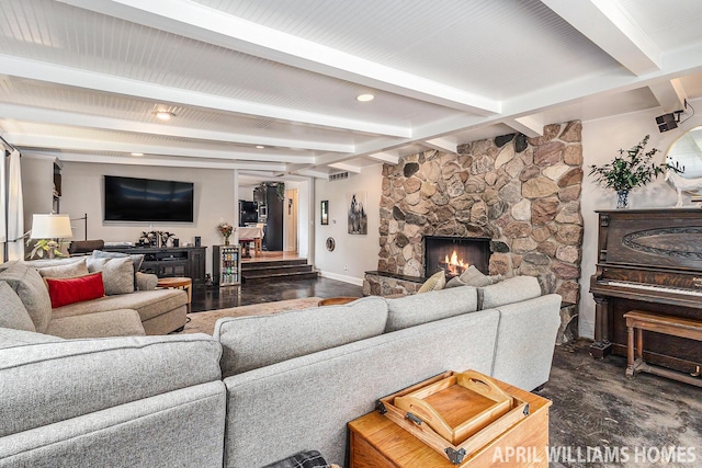 740 Van Raalte Ave, Holland, MI 49423 - living room featuring dark wood-type flooring, a stone fireplace, beamed ceiling, and recessed lighting