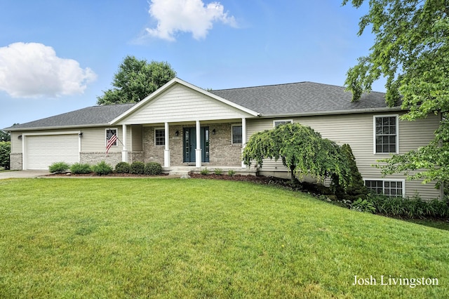 9337 Andrew Farms Dr, Alto, MI 49302 - single story home featuring covered porch, an attached garage, a front lawn, driveway, and roof with shingles