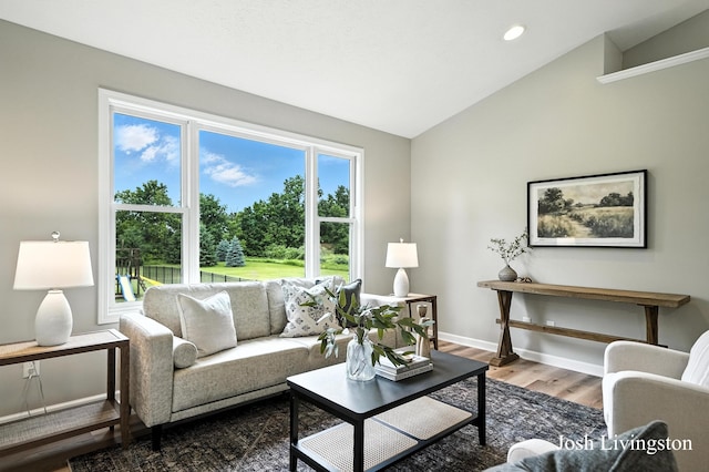 9337 Andrew Farms Dr, Alto, MI 49302 - living area featuring vaulted ceiling, wood finished floors, and recessed lighting