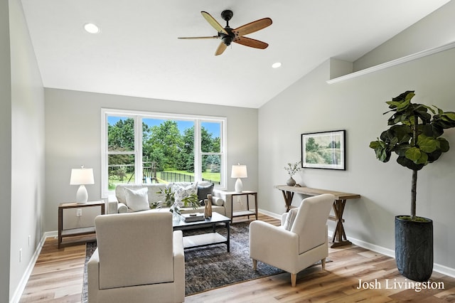 9337 Andrew Farms Dr, Alto, MI 49302 - living room with ceiling fan, light wood-style flooring, recessed lighting, and high vaulted ceiling