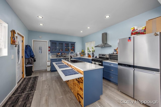 4555 Charles St, Palo, MI 48870 - kitchen with appliances with stainless steel finishes, wall chimney range hood, blue cabinets, light countertops, and light wood-style flooring