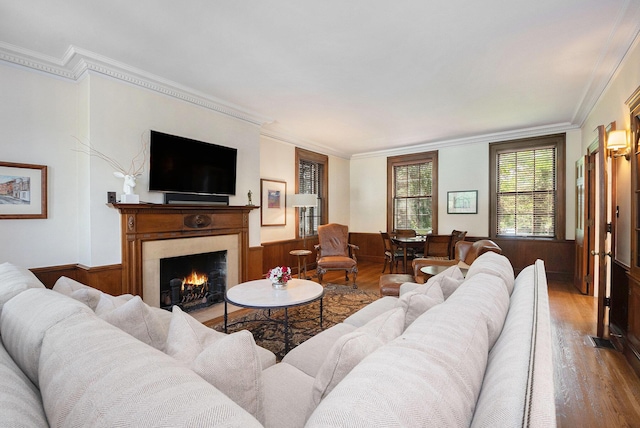 60 Lafayette Ave NE, Grand Rapids, MI 49503 - living room featuring wood finished floors, wainscoting, a high end fireplace, and crown molding