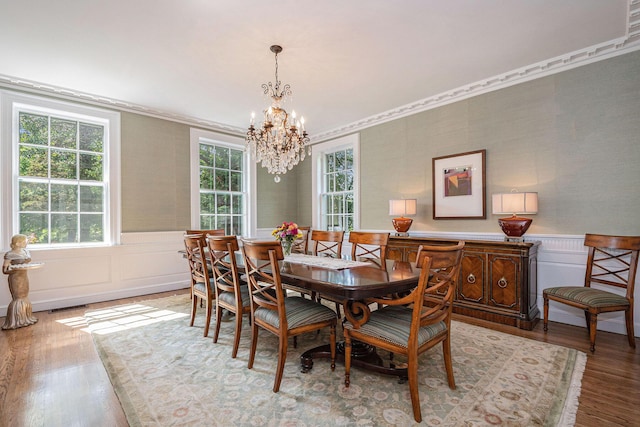 60 Lafayette Ave NE, Grand Rapids, MI 49503 - dining space featuring wood finished floors, a chandelier, a wainscoted wall, ornamental molding, and a decorative wall