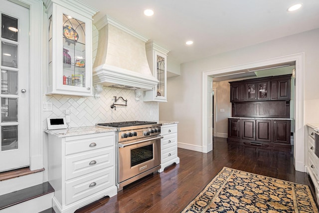 60 Lafayette Ave NE, Grand Rapids, MI 49503 - kitchen with high end stainless steel range, premium range hood, dark wood-style flooring, tasteful backsplash, and light stone countertops