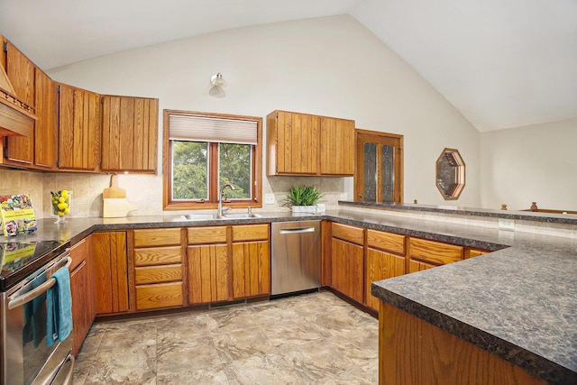 2766 48th Ave, Zeeland, MI 49464 - kitchen with appliances with stainless steel finishes, brown cabinets, dark countertops, high vaulted ceiling, and decorative backsplash