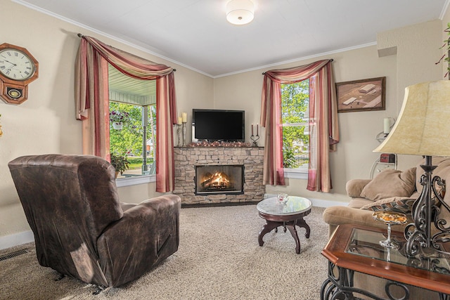 209 Maple St, Three Oaks, MI 49128 - living room featuring carpet floors, plenty of natural light, a stone fireplace, and ornamental molding