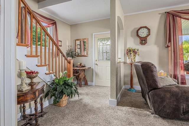 209 Maple St, Three Oaks, MI 49128 - carpeted entrance foyer featuring healthy amount of natural light, crown molding, stairway, and arched walkways