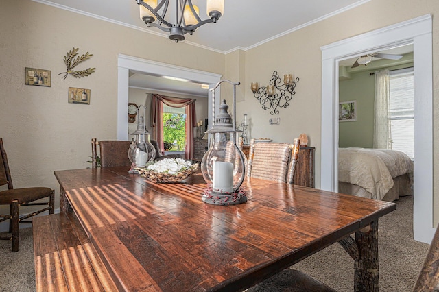 209 Maple St, Three Oaks, MI 49128 - dining space with a chandelier, crown molding, and carpet