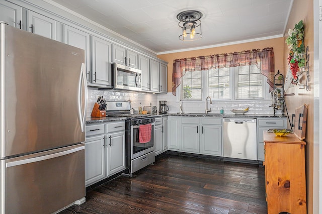 209 Maple St, Three Oaks, MI 49128 - kitchen with appliances with stainless steel finishes, ornamental molding, backsplash, dark wood-style floors, and gray cabinets