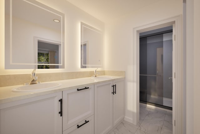 2670 Settlers Creek Rd, Fennville, MI 49408 - full bathroom featuring marble look tile flooring and double vanity