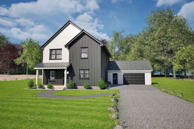 2670 Settlers Creek Rd, Fennville, MI 49408 - modern farmhouse style home featuring board and batten siding, driveway, a front yard, and a garage