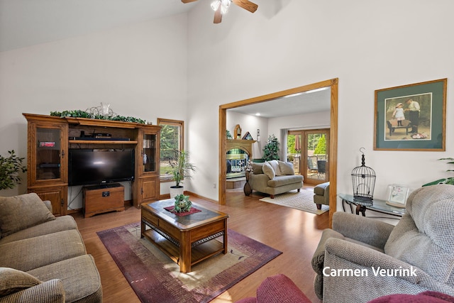 1723 S Sullivan Rd, Ravenna, MI 49451 - living area with a ceiling fan, wood finished floors, high vaulted ceiling, and a fireplace