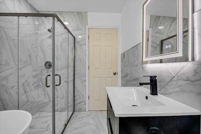 20232 Braile St, Detroit, MI 48219 - full bath featuring tile walls, marble look tile flooring, vanity, a freestanding bath, and a marble finish shower