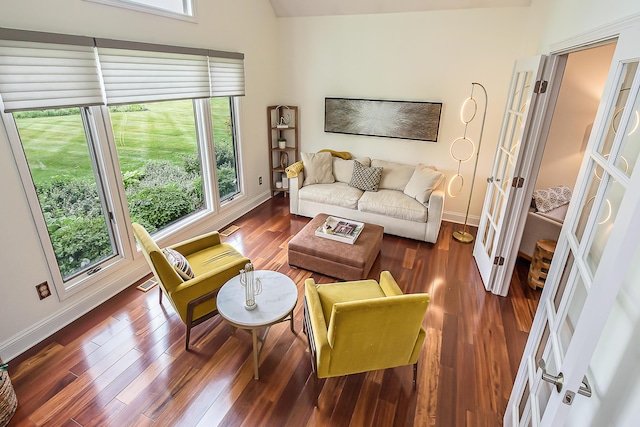 3185 Shadberry Ct, Saline, MI 48176 - living area with healthy amount of natural light, dark wood-type flooring, french doors, and vaulted ceiling