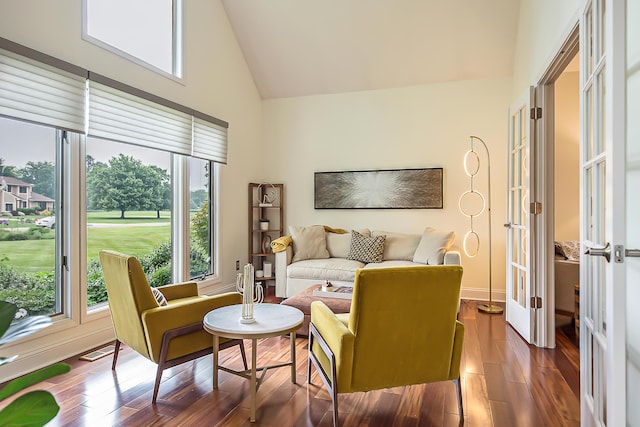 3185 Shadberry Ct, Saline, MI 48176 - living area with high vaulted ceiling, dark wood-type flooring, and view of golf course